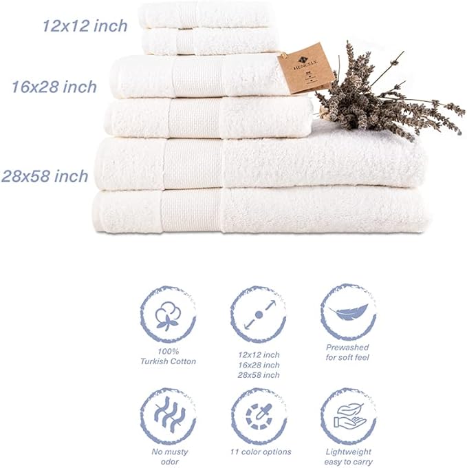 Hencely 6-Piece Bath Towel Set - High Absorbency, Quick Drying - 100% Soft Turkish Cotton - 2 Bath Towels, 2 Hand Towels, 2 Washcloths - for Bathroom, Home, Hotel, Spa, and Gym - 6-Pack White