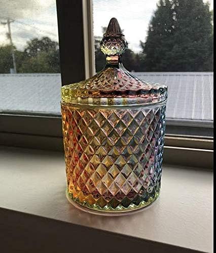 Colorful Home Decorative Jar Qtips Holder Dispenser Glass Storage Container Bathroom Counter Vanity Organizer for Bath Salts/Swabs/Rounds Makeup Sponges Toothpick Jewelry(Rainbow, 20 oz)