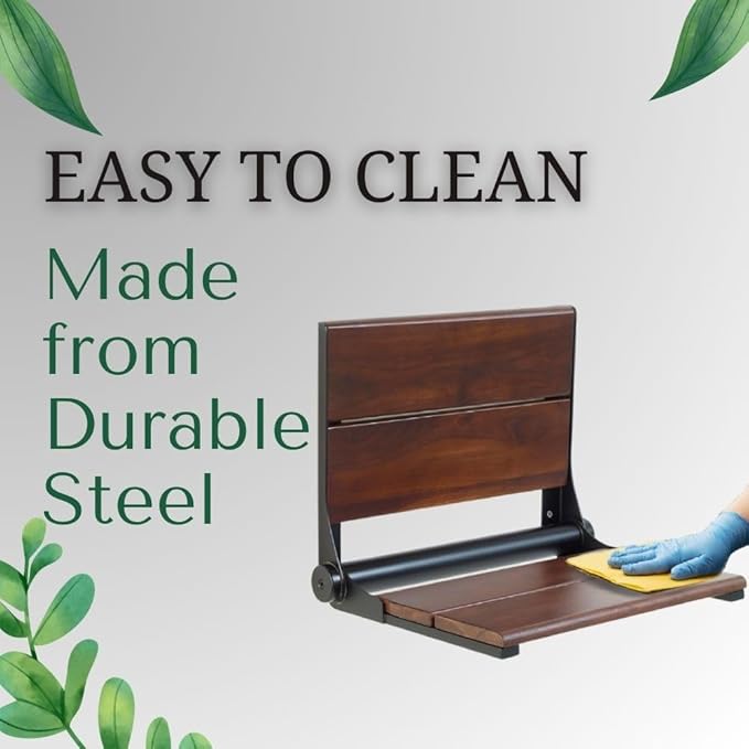 Folding Shower Seat Wall Mounted with Back | 500 lbs Maximum Load Capacity | ADA Compliant Safety Assist Teak Shower Seat for Seniors, Handicapped, and Children | 304 Stainless Steel Frame | 18” x 16”