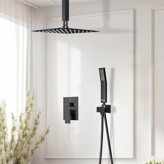 Shower Faucet Set Matte Black Shower System, Starbath 8" Rain Shower Head and Handheld Spray Shower Set Complete Ceiling Mounted,2 Way Pressure Balance Shower Valve and Trim Kit Included