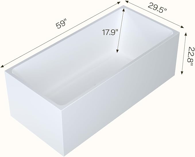 59" Acrylic Freestanding Bathtub - Modern Rectangular Soaking Tub, Glossy White Finish, Chrome Linear Overflow & Drain Kit, CUPC Certified