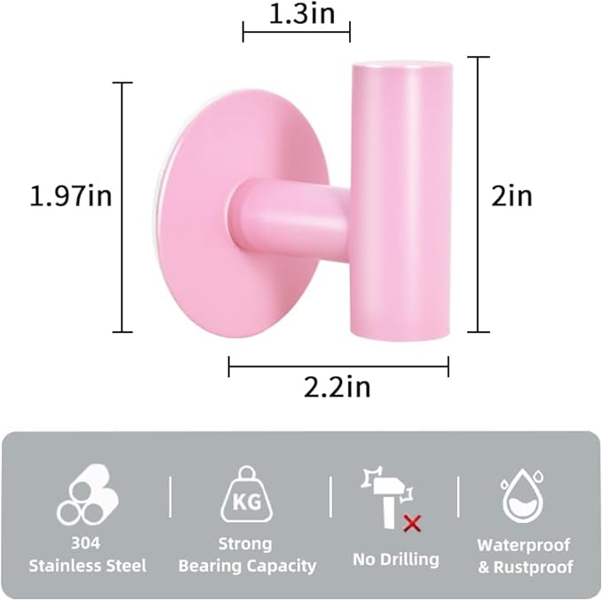 Vuzvuv Adhesive Hooks Pink SUS304 Stainless Steel - Self Adhesive Heavy Duty Waterproof Wall Hooks for Towel, Coat, Robe in Bathrooms Kitchen Hotel (2-Pack)