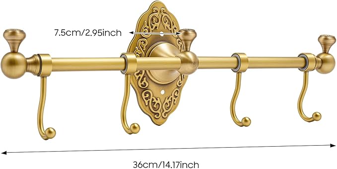 TFCFL Wall Mounted Towel Rack with 4 Hooks, Vintage Gold Brass Bathroom Organizer 14.17", H59 Brass for Bathroom & Kitchen