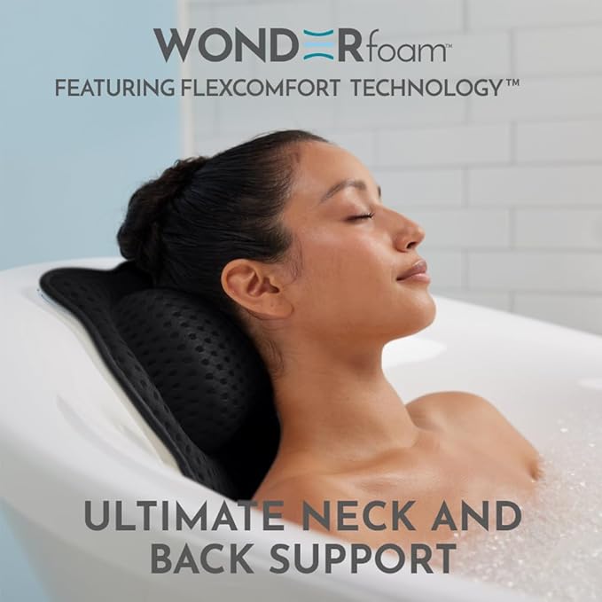 WONDERfoam Thick Padded Ergonomic Bath Pillow for Tub, Bathtub Headrest Neck and Back Support, Strong Suction Cups, Machine Washable Breathable Mesh Quick Dry Pillows, Luxury Spa Accessories, Black