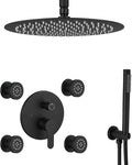 Matte Black Round Shower Faucet Set with Body Jets 12 Inch Shower Head Handheld Shower Combo Set High Pressure Ceiling Mount with Rough-in Valve