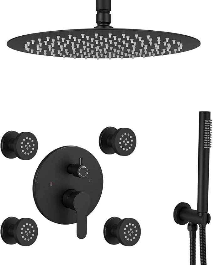 Matte Black Round Shower Faucet Set with Body Jets 12 Inch Shower Head Handheld Shower Combo Set High Pressure Ceiling Mount with Rough-in Valve