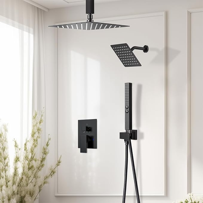 Shower Faucet Set, 12" Rain Shower System with Handheld and Ceiling Mount 6" Rainfall Shower Head, Can Use 2 Modes Together for Two People, 3 Way Shower Valve with 5 Diverter Complete, Matte Black