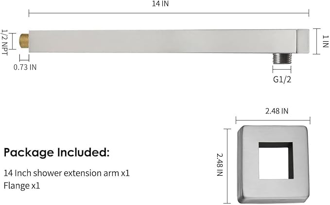 BESy 14 Inches Straight Extended Shower Arm With Flange, Rain Shower Head Extension Arms, Square Shower Rod Shower Head Extender Arm Shower Pipe Extension, Wall-Mounted Brushed Nickel Stainless Steel