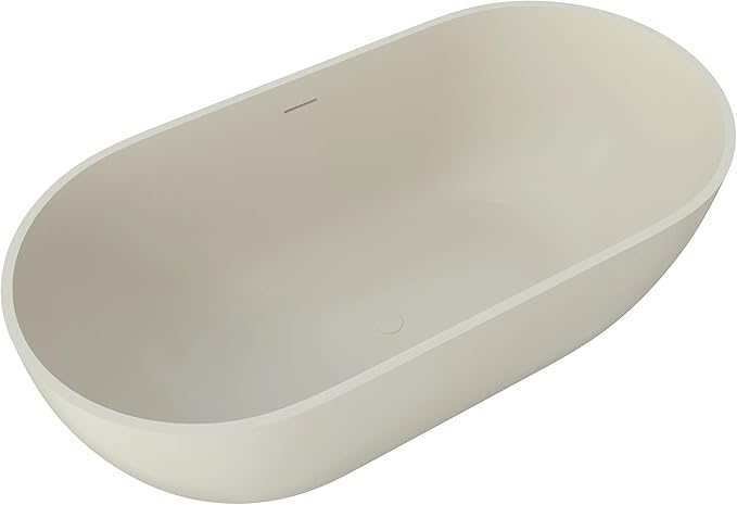 Premium 59" Warm Grey Solid Surface Free Standing Bathtub, Upgraded Oval Resin Stone Tub with Overflow and Pop-up Drain