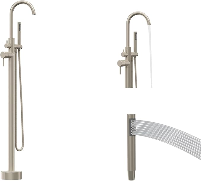 Freestanding Tub Filler Brushed Nickel Floor Mount Bathtub Faucet Bathroom,Rough-in Valve 2 Function Handshower for Tub Rinsing Bathing,Anti-Wobble Base,Cylinder Handheld