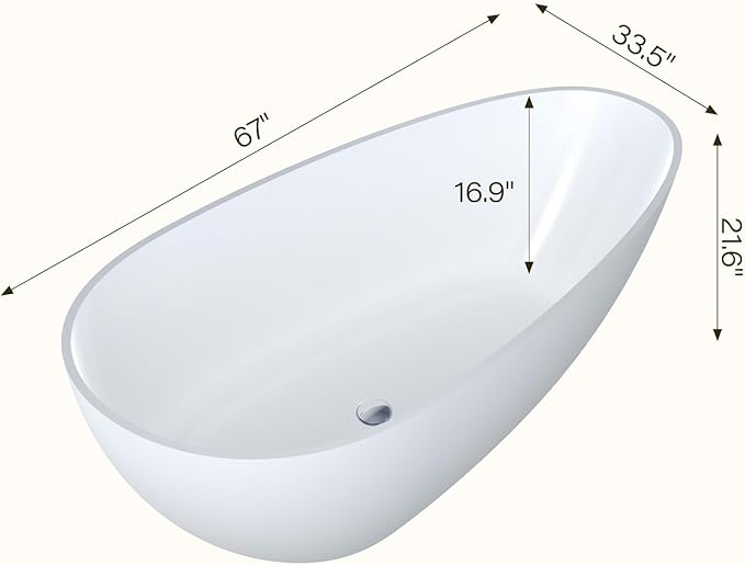 67 in Solid Surface Freestanding Bathtub, Contemporary Oval Shape Soaking Tub, Egg Shell Stone Resin Stand Alone Bathtub With Pop-Up Drain and Overflow, Cupc Certified,Matte White