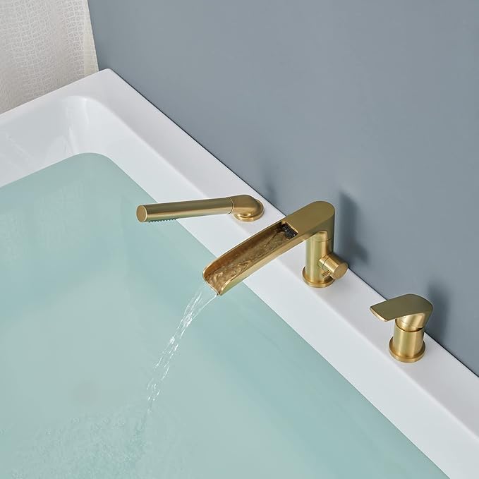 Waterfall Roman Tub Faucet Brushed Gold Deck Mount Bathtub Faucets Brass Tub Filler Bathroom Faucets with Hand Shower