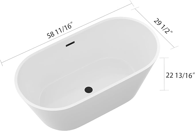 Logmey 59 Inch White Acrylic Freestanding Bathtub Oval Shape Soaking Tub with Black Drain & Overflow Assembly for Classic and Modern Bathrooms