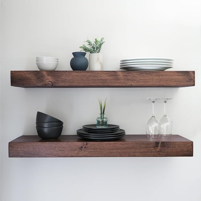 Urbandi Modern Floating Shelves 3 Inches Thick for Wall, Wide Shelves for Kitchen, Living Room, Bedroom, and Bathroom, Natural Pine Wood, Rustic Wooden Shelf, (Set of 2) (Provincial, 36Lx3Hx8D)