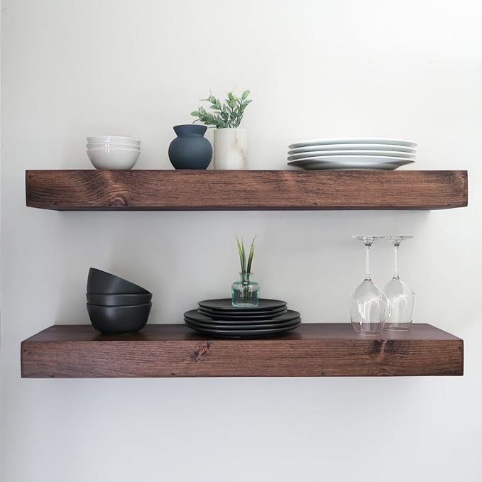 Urbandi Modern Floating Shelves 3 Inches Thick for Wall, Wide Shelves for Kitchen, Living Room, Bedroom, and Bathroom, Natural Pine Wood, Rustic Wooden Shelf, (Set of 2) (Provincial, 60Lx3Hx8D)
