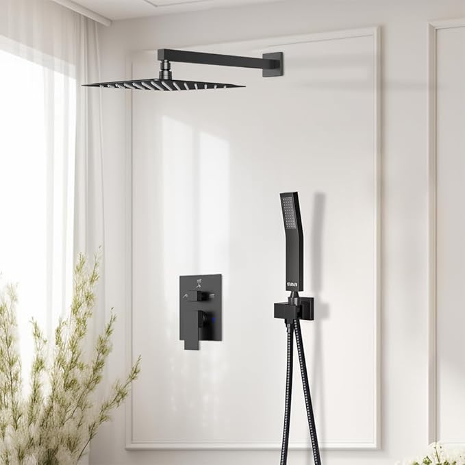 Shower Faucet Set Matte Black Shower System, Starbath 10" Rain Shower Head and Handheld Spray Shower Set Complete Wall Mounted,2 Way Pressure Balance Shower Valve and Trim Kit Included