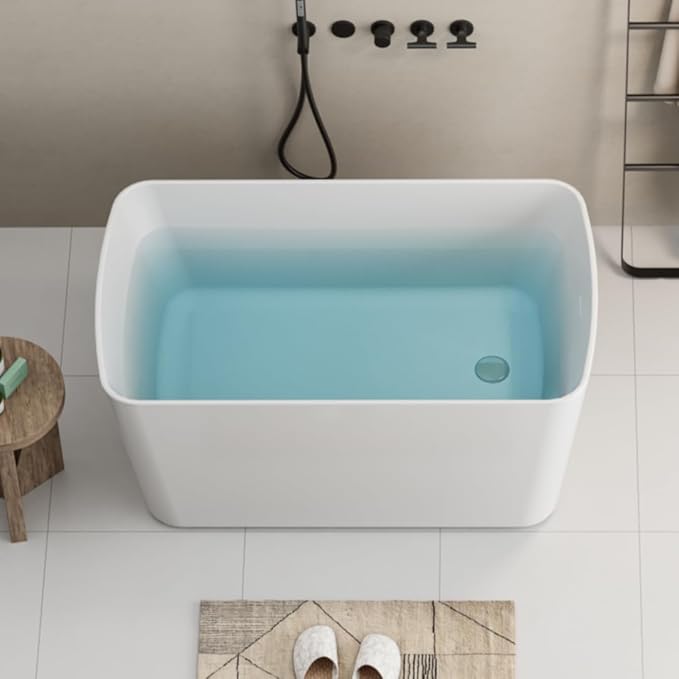 Abruzzo 49" Small Freestanding Bathtub - Square Acrylic Soaking Tub for Small Spaces, Japanese Style Deep Soak with Chrome Overflow & Quick Drain, Gloss White cUPC Certified Compact Bathtub