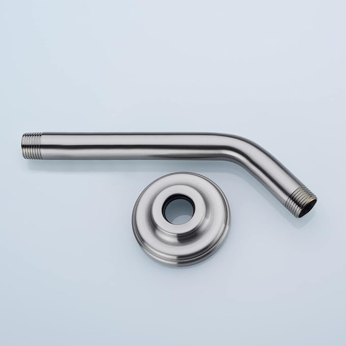 9 Inch Angled Shower Arm Brushed Nickel, Curved Shower Head Pipe with Flange, Bathroom Shower Neck Stainless Steel Wall Mounted Extension Extender Rain Rod