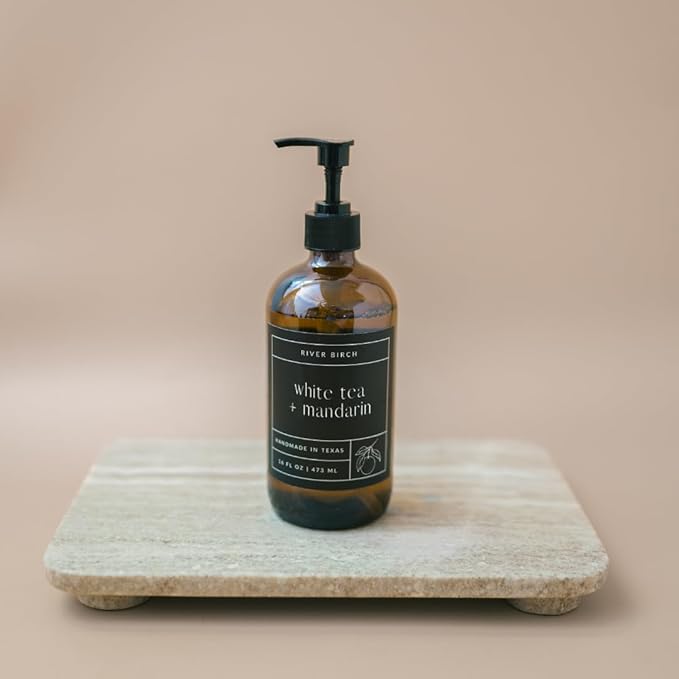 River Birch White Tea + Mandarin Scented Natural Hand Soap - Handmade Soap - Moisturizing Hand Wash with Amber Glass Dispenser - Luxury Scented Hydrating Hand Soap - Vegan and Non-Toxic - 16 Fl Oz