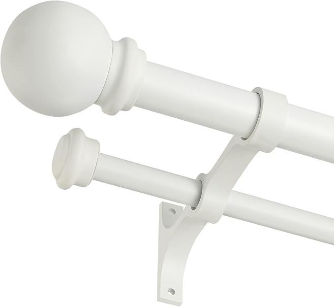 Double Curtain Rod 84 to 120 inch, Adjustable 1 inch Double Drapery Rod Rods for Windows and Doors with Ball Round Finials and Premium Aluminum Brackets Set(84-120",Matte White)