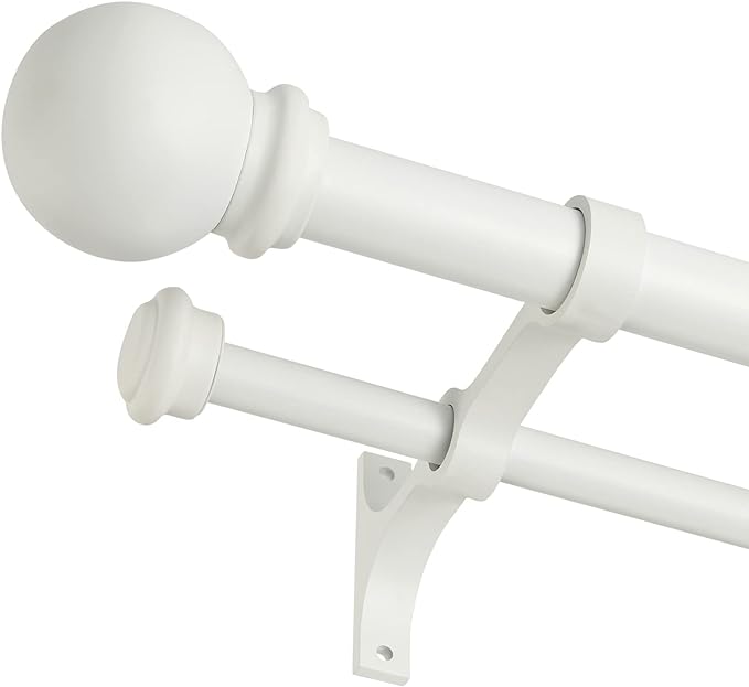 Double Curtain Rod 48 to 84 inch, Adjustable 1 inch Double Drapery Rod Rods for Windows and Doors with Ball Round Finials and Premium Aluminum Brackets Set(48-84",Matte White)