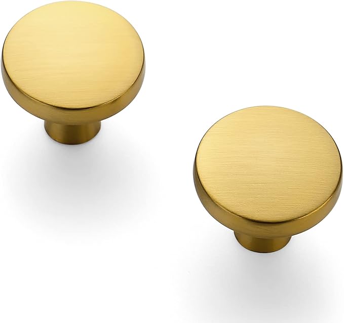Ravinte 5 Pack Drawer Pulls 1-1/4 Inch Brushed Brass Kitchen Cabinet Knobs Solid Round Gold Dresser Handles for Simple Cupboard Hardware