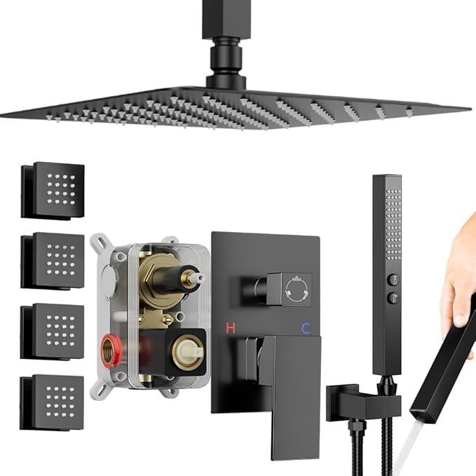 Shower Faucets Sets Shower System with Body Jets, Bostingner 10" Rain Shower Head with 2 In 1 Handheld Spray and 4 Jets, Ceiling Mount All Metal 3 Way Shower Set with Valve and Trim Kit, Matte Black