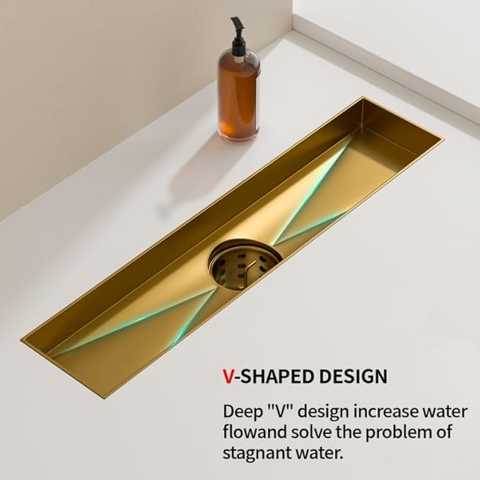 Linear Shower Drain, 304 Stainless Steel with Adjustable Leveling Feet, Hair Strainer,Reversely Install Place to Create an Invisible Floor Drain - Gold -48-Inch