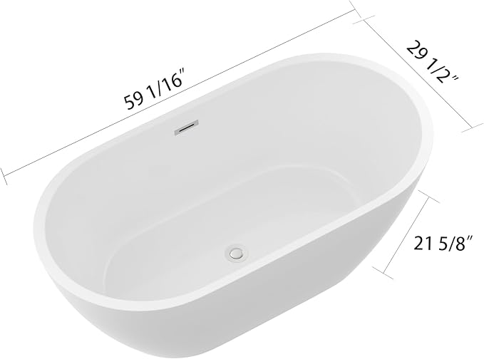 Logmey 59 Inch White Acrylic Freestanding Bathtub with Overflow Oval Shape Soaking Tub for Classic and Modern Bathrooms Chrome, Drain & Overflow Assembly Included