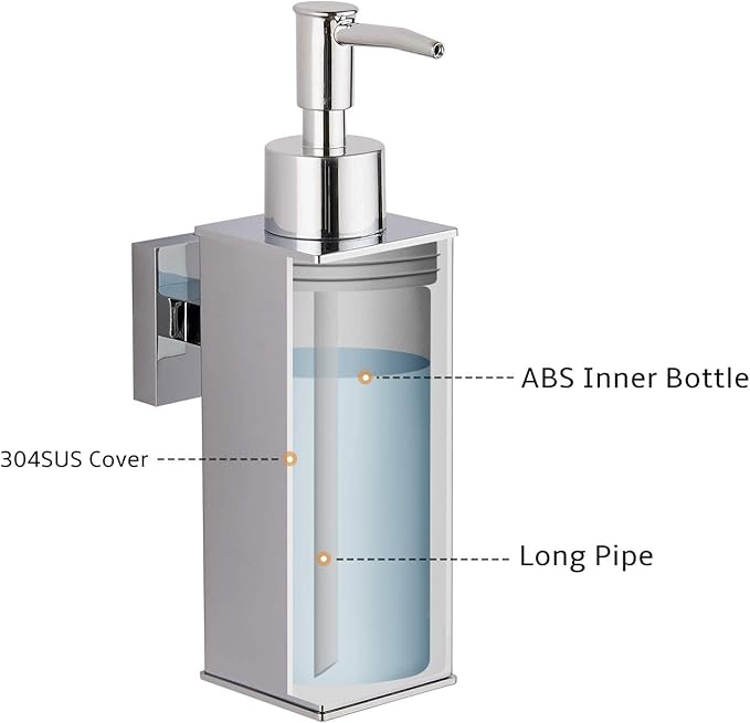 BGL Hand Soap Dispenser Stainless Steel 304 Wall Mount Chrome Soap Dispenser Holder for Bathroom (Chrome, Square)