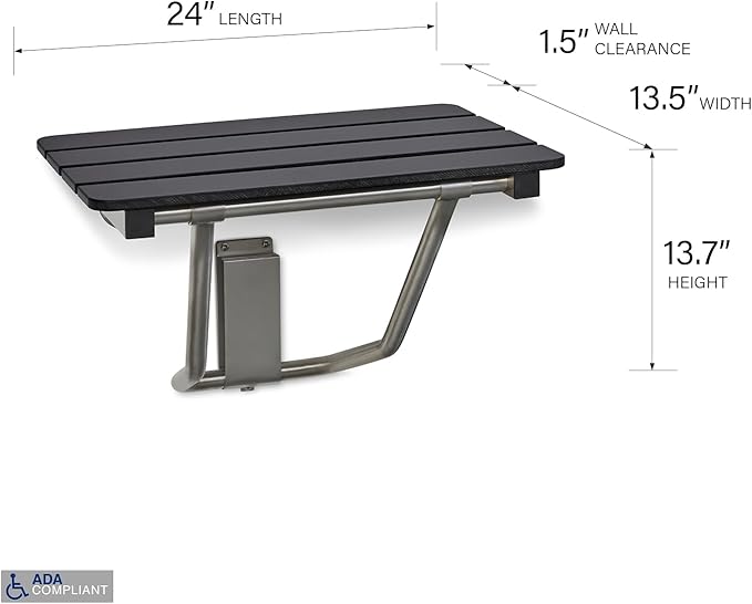 24-inch x 15-inch ADA Folding Wall Mount Bathroom Shower Seat Bench, Black Slatted Phenolic Seat