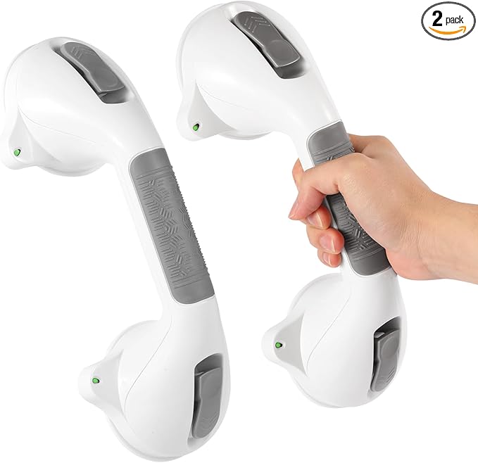 Suction Grab Bar with Safety Indicator for Bathtub Shower Bathroom, Heavy Duty Handrail Removable Reusable for Elderly Disabled and Kids, Anti-Slip Grip, No Drilling Tool Free, Waterproof Grey