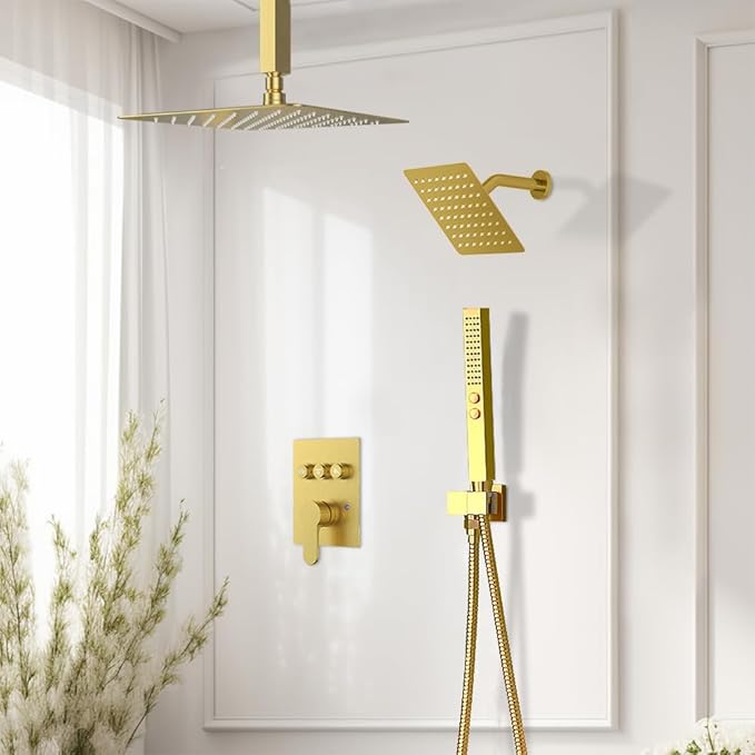Shower Systems with Rain Shower and Handheld,STARBATH Dual Head 12+6" Rainfall Shower Can Run All Together, Ceiling Mount Shower Faucet Set with Pressure Balance Valve and Trim Kit, Brushed Gold
