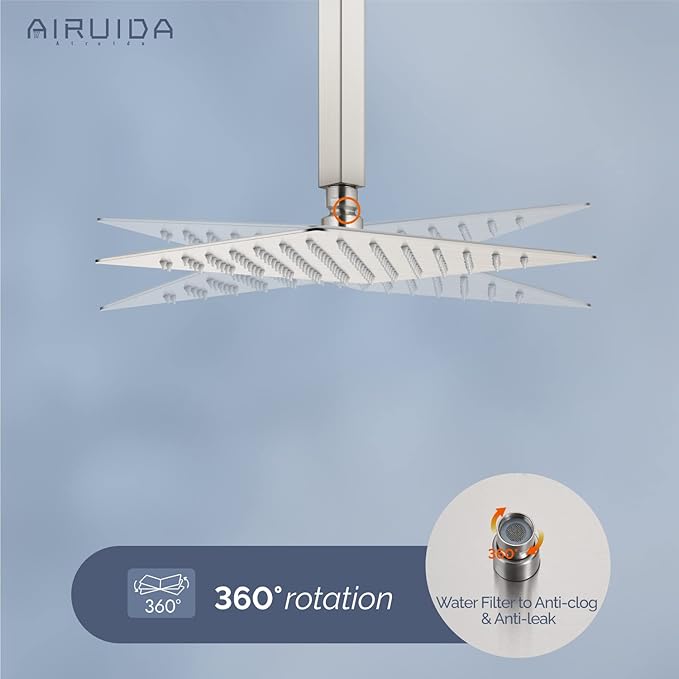 Airuida Shower Faucet Set and Handle Set Single Function Shower Trim Kit Ceiling Mount Rainfall Shower System with Male Threads and Rough-in Valve 10 Inch Square Shower Head Brushed Nickel