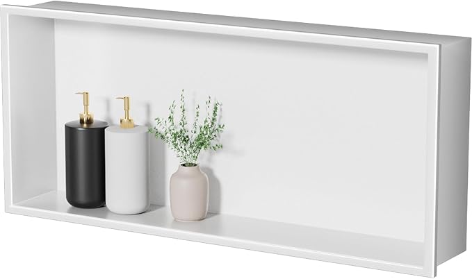 No Tile Needed Shower Niche - 12"x24" White 304 Stainless Steel Recessed Shelf,Over Mount Installation for Bathroom & Shower Wall,Waterproof