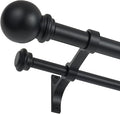 Double Curtain Rod 28 to 48 inch, Adjustable 1 inch Double Drapery Rod Rods for Windows and Doors with Ball Round Finials and Premium Aluminum Brackets Set (28-48",Matte Black)