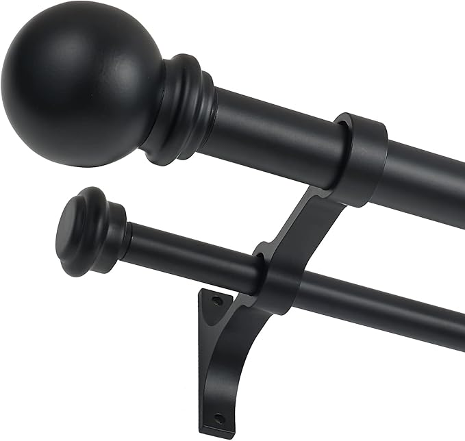 Double Curtain Rod 48 to 84 inch, Adjustable 1 inch Double Drapery Rod Rods for Windows and Doors with Ball Round Finials and Premium Aluminum Brackets Set(48-84",Matte Black)