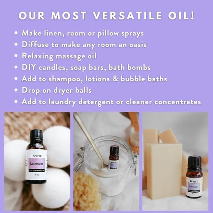 Lavender Essential Oil by Revive Essential Oils - 100% Pure Therapeutic Grade, for Diffuser, Humidifier, Massage, Aromatherapy, Skin & Hair Care