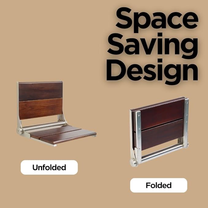 Folding Shower Seat Wall Mounted with Back | 500 lbs Maximum Load Capacity | ADA Compliant Safety Assist Teak Shower Seat for Seniors, Handicapped, and Children | 304 Stainless Steel Frame | 18” x 16”