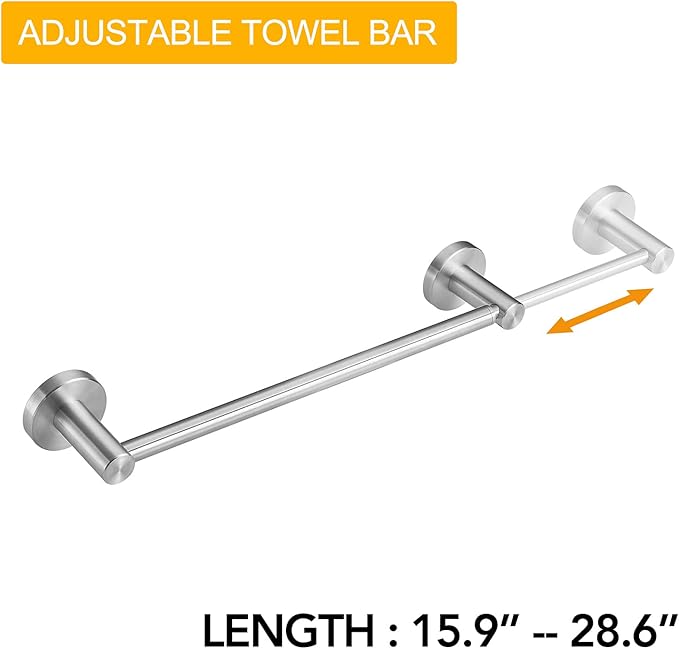 BESy Adjustable 15 to 26 Inch Single Bath Towel Bar for Bathroom SUS304 Stainless Steel Towel Holder, Wall Mount with Screws Hand Towel Bar Rod Hotel Style, Brushed Nickel