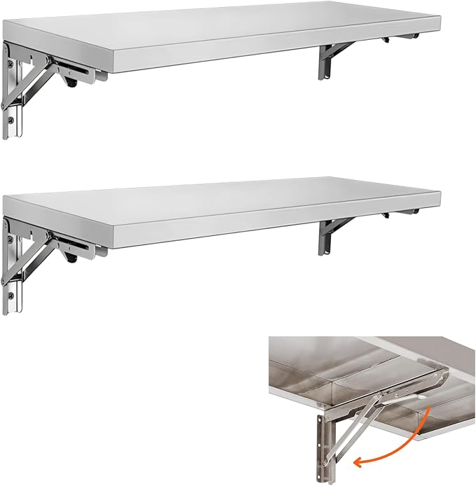 Stainless Steel Folding Concession Shelf 12" x 72" (2 Pack 12" x 36"), Drop Down Folding Serving Food Shelves, Heavy Duty Wall Mount Shelving Rack for Concession Windows, Food Truck