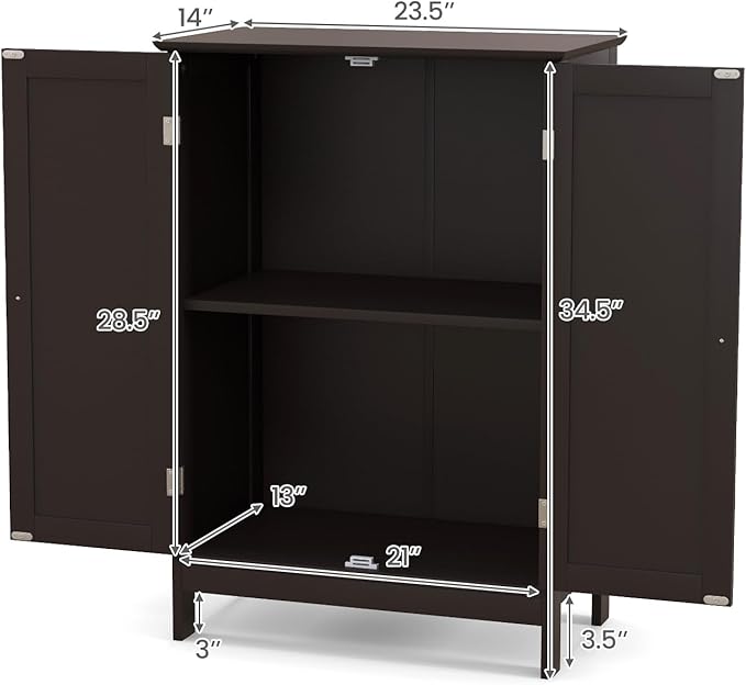 Tangkula Freestanding Storage Cabinet with Double Doors and Shelf, Modern Home Furniture, Wooden Home Organizer for Living Room, Bathroom Storage, Brown