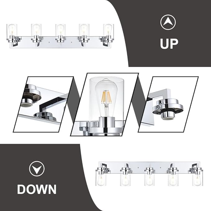 MELUCEE 5-Lights Bathroom Vanity Light Fixtures Chrome, Modern Vanity Lighting with Clear Glass Shade, Industrial Wall Mount Lights for Mirror Cabinet Sink