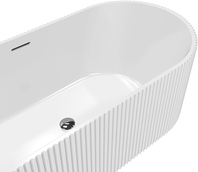 Acrylic Freestanding Bathtub, Deep Soaking Stripe Tub with Drain, Solid Surface Stand Alone Bath, Contemporary Indoor Bathroom Spa Tub for Adults, Large Foot Soak, White