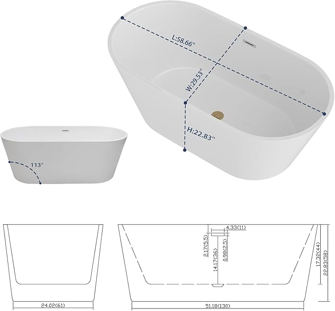 Sarlai 59 Inch Acrylic Freestanding Soaking Bathtub Contemporary Soaking White Tub Stand Alone Ergonomic Bathtub with Black Drain