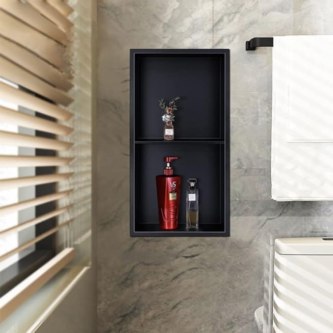 Neodrain No Tile Shower Niche, Stainless Steel Wall Niche 13.1"X25.1"(Inner Size 12"X24"), Two-Tier Bathroom Shelf, NO Tile Needed Recessed Cabinet for Bathroom Storage, Matte Black
