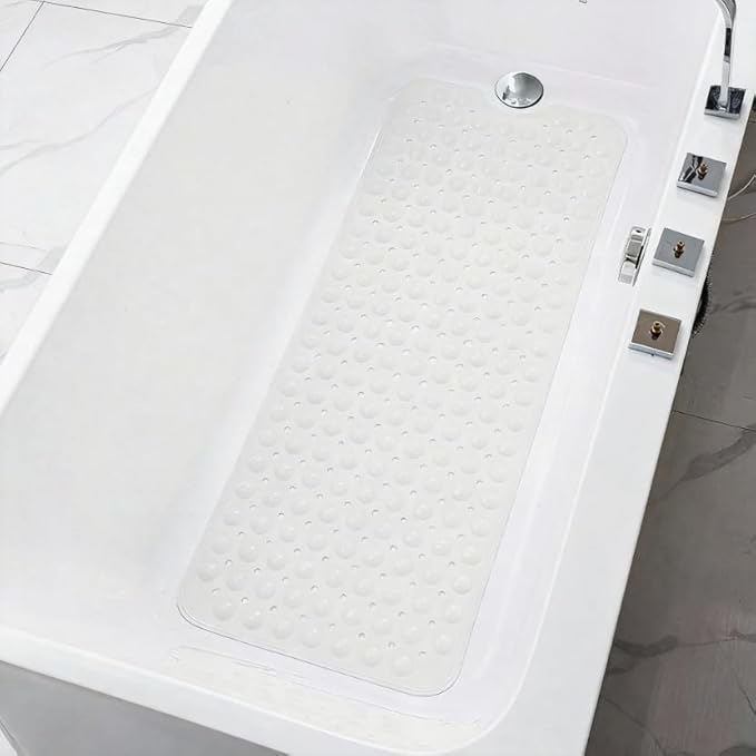 Bath and Shower Safety Mats 40x16 inch, Non Slip with Strong Suction Cups for Bathroom Stall and Tub Floor, Extra Large and Machine Washable, Drain Holes Keep Bathtub Clean, Soft on Feet, White