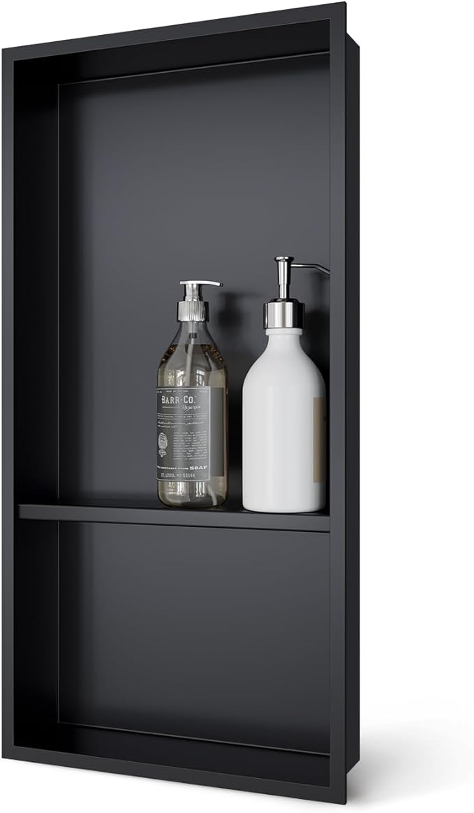 24x12 Shower Niche, No Tile Needed Insert, 304 Stainless Steel, Sloped Base, Matte Black in-Wall Shelf