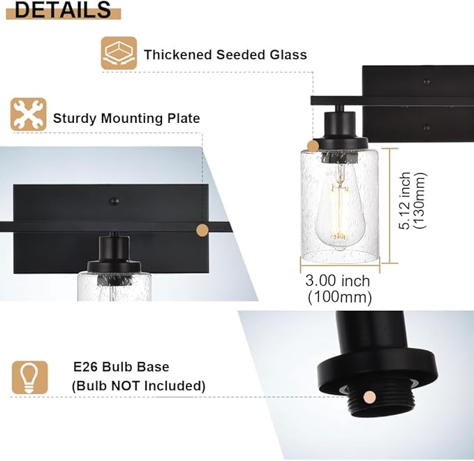 6-Light Seeded Glass Vanity Light Fixtures in Matte Black Finish, 45.3 Inches Length Modern Bathroom Wall Lighting Over Mirror Wall Mount Lights