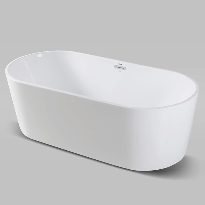 FerdY Shangri-La 67" Acrylic Freestanding Bathtub, Ergonomic Lightweight Classic Oval Soaking Bathtub with Toe-Tap Chrome Drain, Classic Slotted Overflow, Glossy White